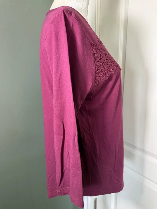 LOFT Outlet Lace Yoke Top Mauve Quarter Sleeve Cotton Tee Size M - Picture 6 of 7
